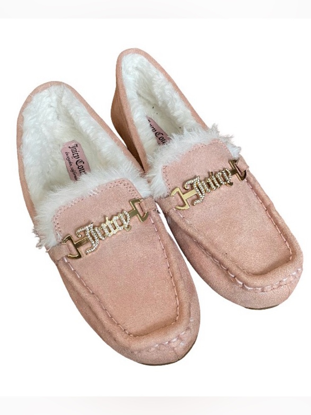 Juicy Couture Y2K blush pink faux fur bedazzled moccasin slipper loafers 9